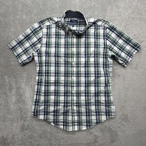 Mason James Shirt Mens Small Green Blue Plaid Stretch Short Sleeve Button Front